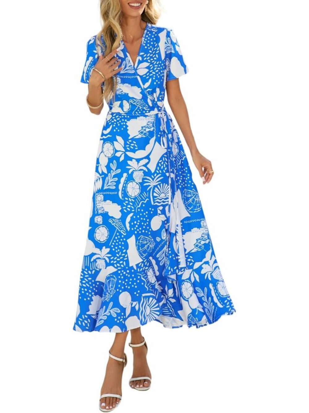 Women's Blue White Flower V Neck Casual Short Sleeve Pull On Zipper Maxi Dresses